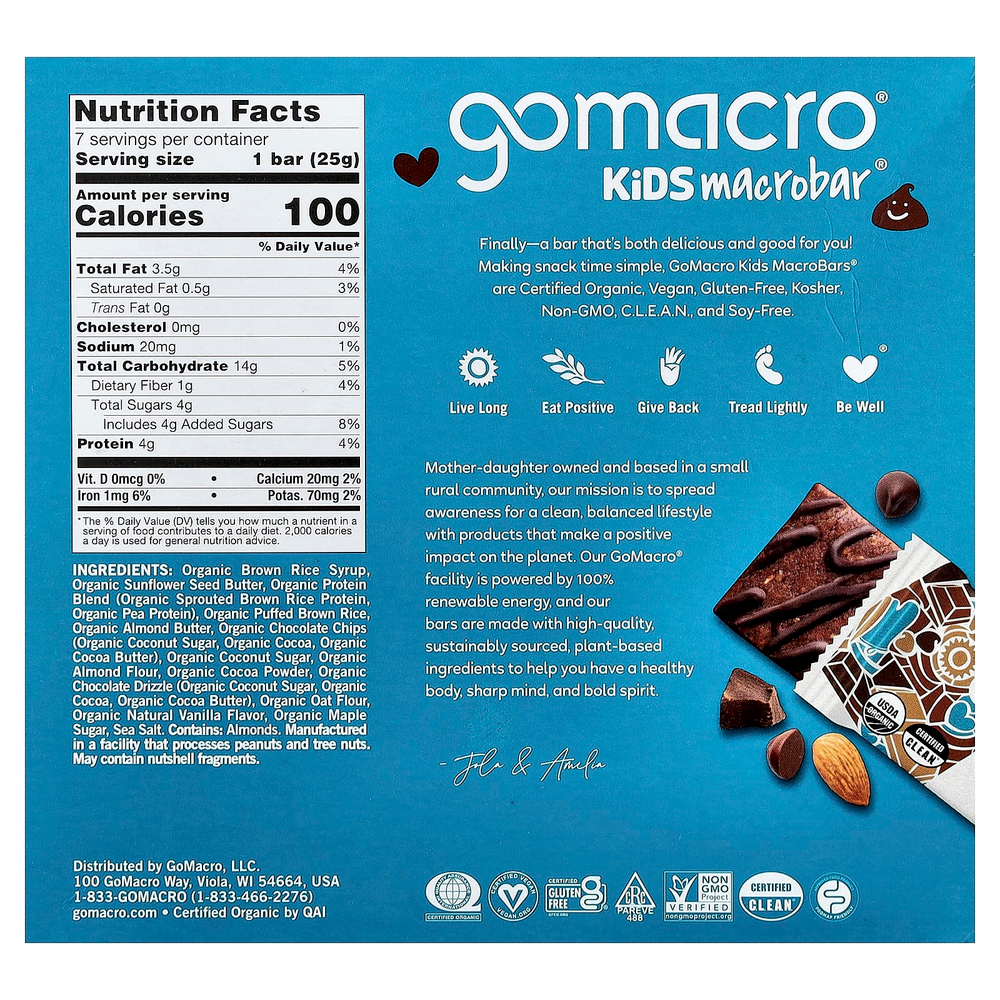 GoMacro, Kids MacroBar®, брауни с двойной порцией шоколада, 7 батончиков по 25 г (0,9 унции)