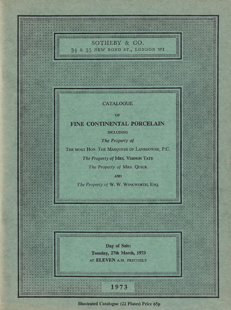 Каталог аукциона Sotheby's, Лондон, Европейский фарфор включая собрания Маркиза Лэнсдаун, Миссис Вернон Тейт, Миссис Куик и Винкворт от 27 марта 1973 года