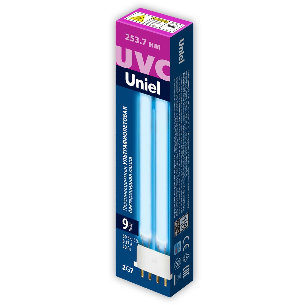 ESL-PL-9-UVCB-2G7-CL Лампа люминесцентная ультрафиолетовая бактерицидная. Спектр UVC 254нм. Картон. ТМ Uniel