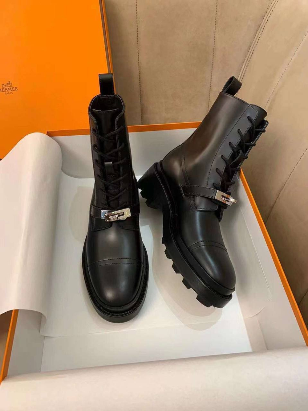 Женские ботинки Hermes Funk кожаные в черном цвете