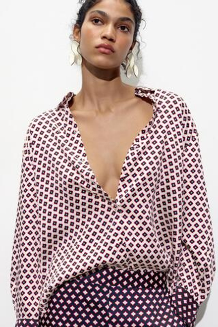 ZARA РУБАШКА С САТИНИРОВАННОЙ ОТДЕЛКОЙ И ПРИНТОМ, ЭКРЮ/КРАСНЫЙ