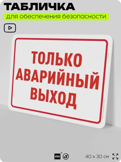 Табличка для обеспечения безопасности "Только аварийный выход", для офиса, по охране труда для предприятия, организаций, 40х30 см, Silver Plane x Айдентика Технолоджи