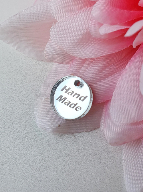 Бирка круглая "Hand made" d 16 мм, толщина 1,5 мм Серебро, орг. стекло, зеркало
