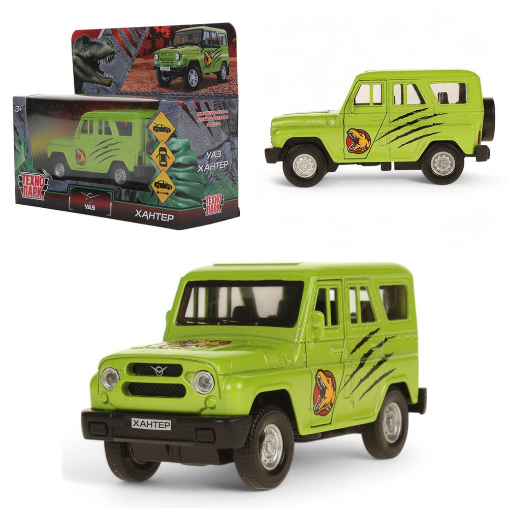 Модель ин. мет. "УАЗ Hunter. Динозавры" 11,5см, двер, багаж, салатовый, коробка HUNTER-12DIN(Технопарк)