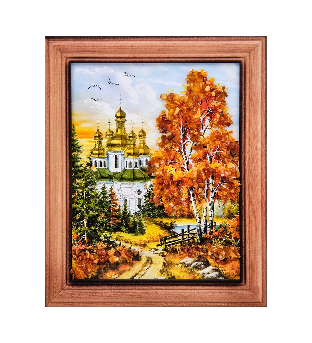 AMB-74/ 8 Картина «Храм в лесу» (с янтарной крошкой) дер.краш.рамка 12х15