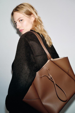 ZARA БОЛЬШАЯ СУМКА-ШОПЕР С ДЕТАЛЯМИ, ТЕМНЫЙ РЫЖЕВАТО-КОРИЧНЕВЫЙ