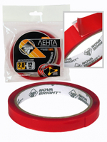 46663 Скотч двухсторонний "Nova Bright-fusion" красный+прозрачный (акриловая основа), 12 мм х 2м