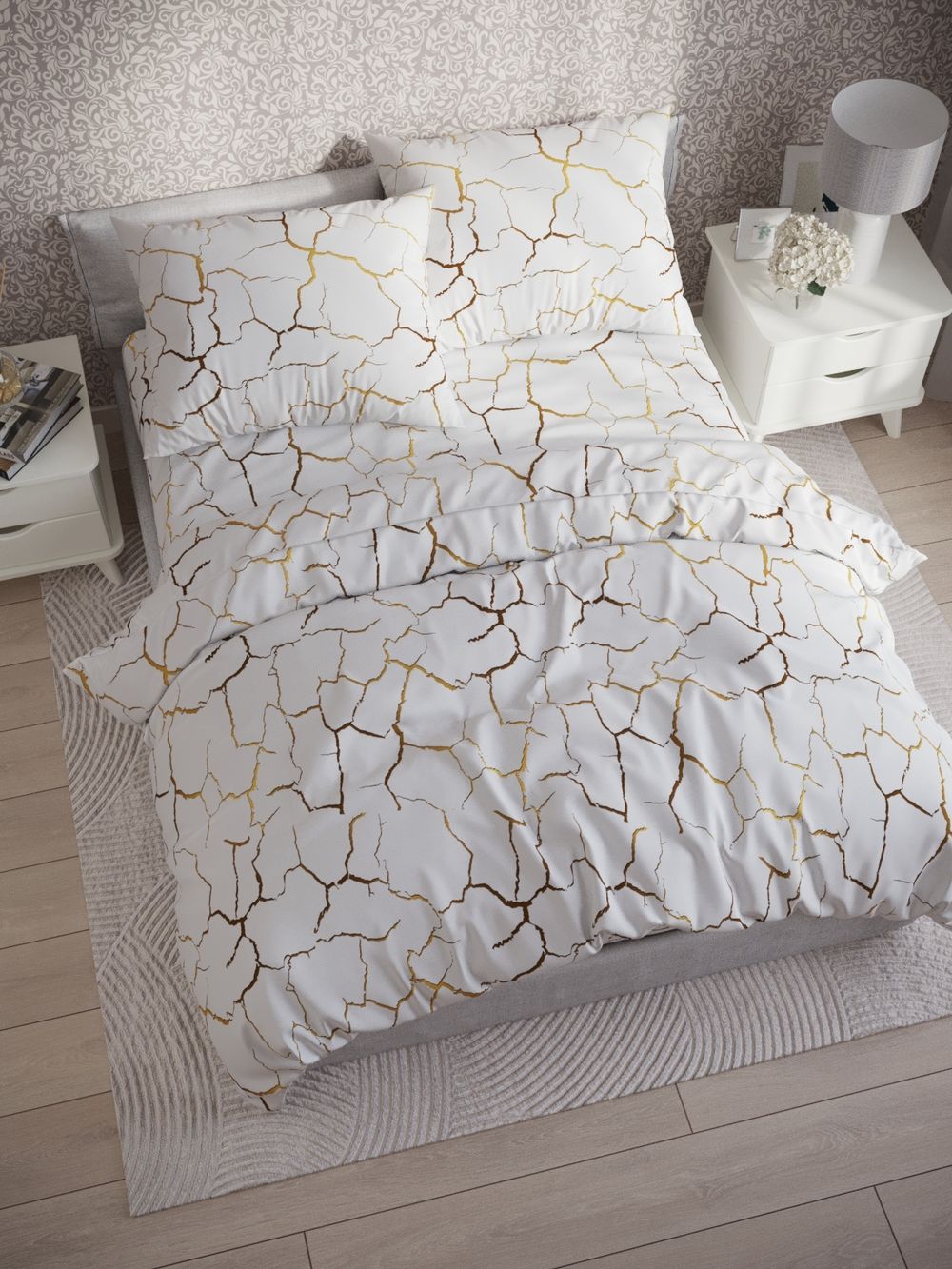 Простынь на резинке поплин Сказка "Кракле (белый)" 160x200 см