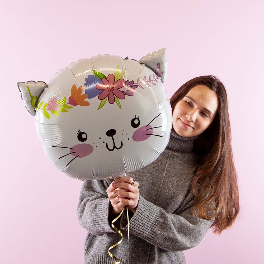 Шар (23''/58 см) Фигура, Котенок в цветах, Белый, 1 шт.