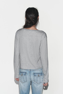 ZARA ФУТБОЛКА С ВЫРЕЗОМ «ЛОДОЧКА» И ДЛИННЫМИ РУКАВАМИ, СЕРЫЙ МЕЛАНЖ