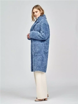 Шуба женская из шерсти мериноса чебурашка тедди, синяя, SilverFox
