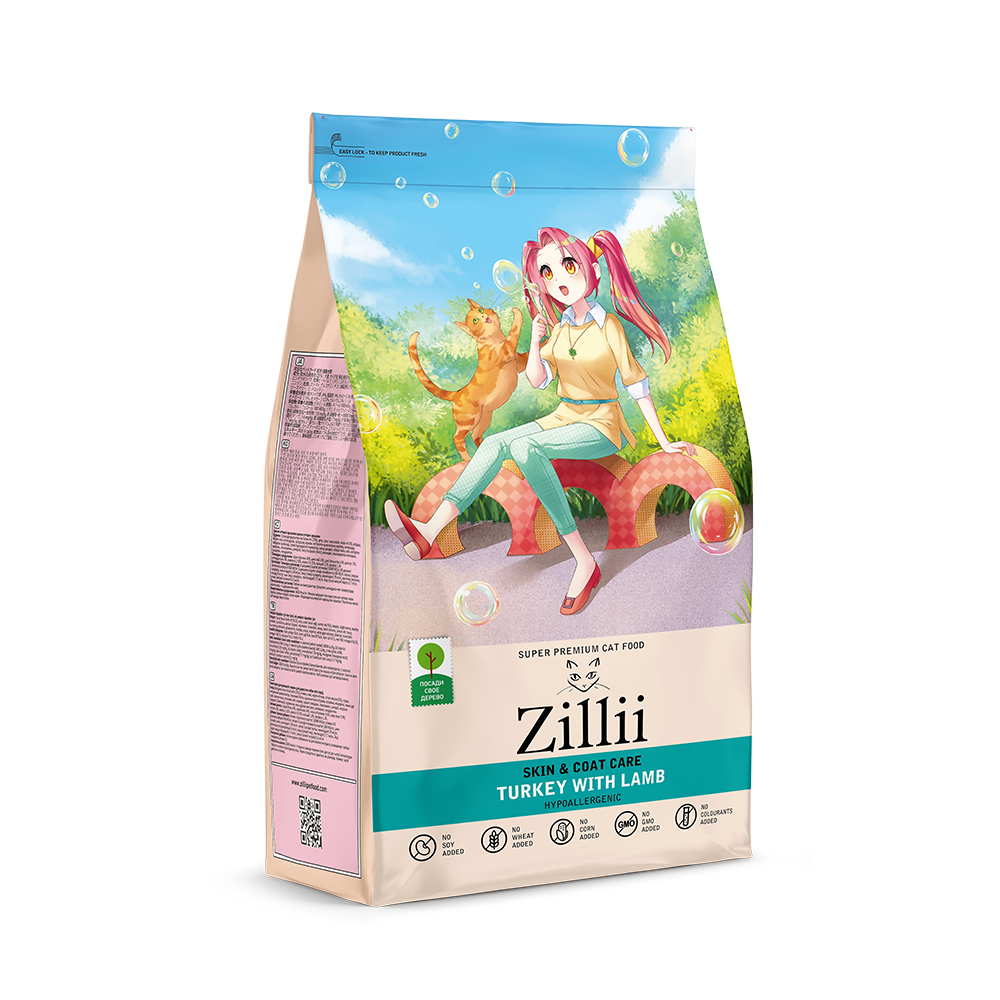 Сухой корм для кошек ZILLII Skin & Coat Care с индейкой и ягненком для здоровья кожи и шерсти 10 кг