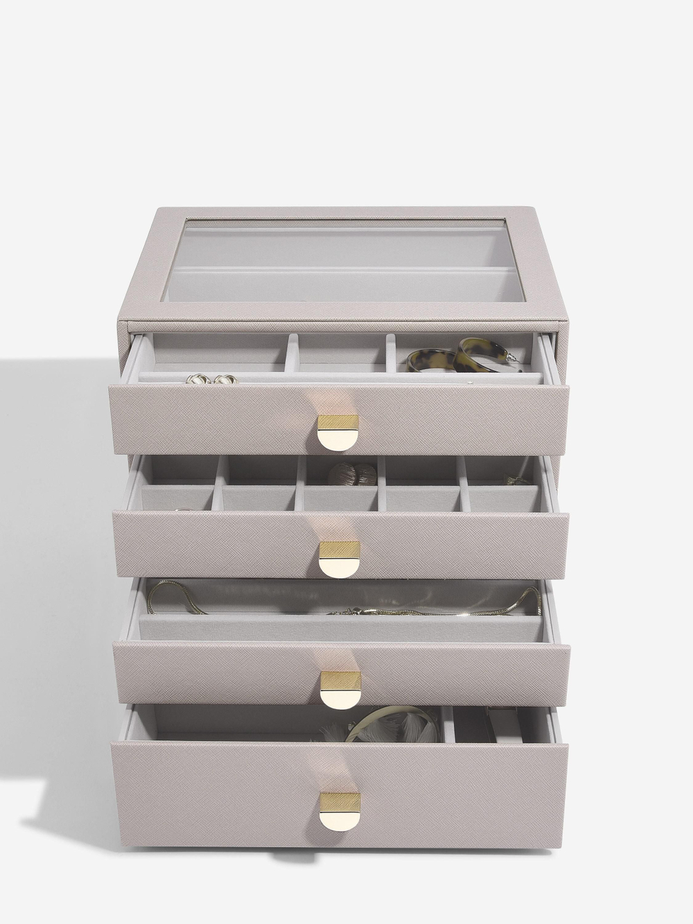 Органайзер для украшений и часов со стеклянной крышкой Stackers Classic Jewellery Box, 4 секции - White Pebble (White Pebble / серый / White Pebble / 500)