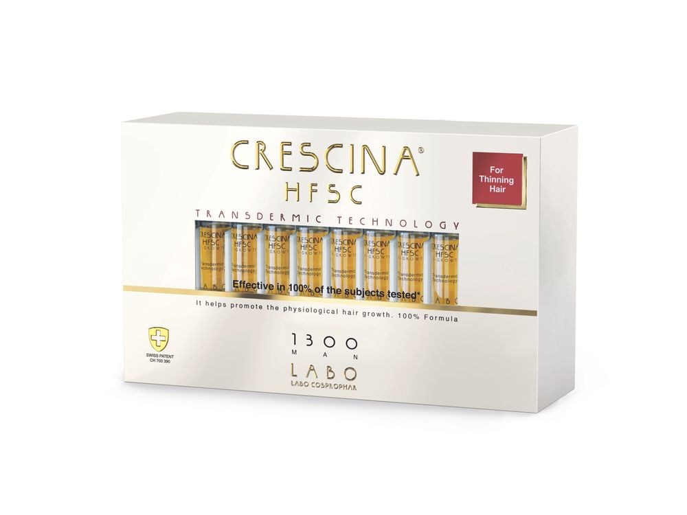 Crescina Transdermic HFSC 100% RE-GROWTH лосьон для возобновления роста волос для мужчин. Дозировка 1300 / 20 ампул по 3,5 мл