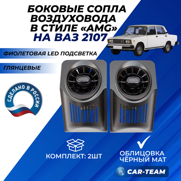 Боковые сопла панели приборов ВАЗ 2107 в стиле AMG (регулируемые) с фиолетовой подсветкой, глянцевые с облицовкой черный мат (2шт)
