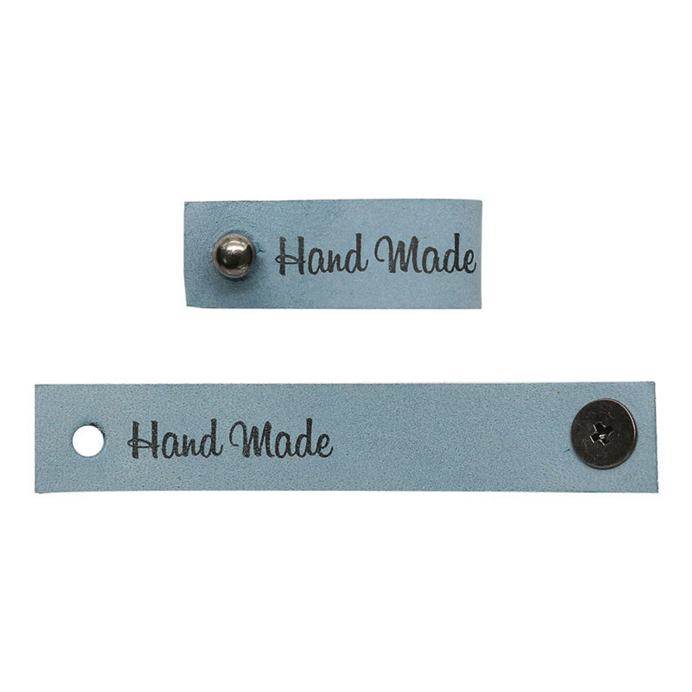 Кожаная бирка с кнопкой 'Hand Made' 1,3*7см, уп.4шт (голубой)