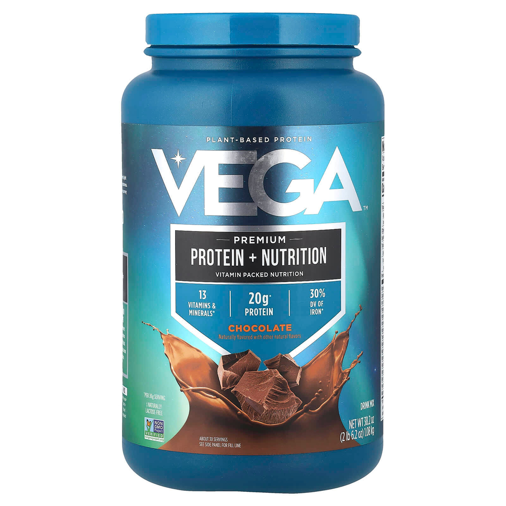 Vega, растительный протеин, премиальный протеин и питательный продукт, шоколад, 1,08 кг (2 фунта 6,2 унции)