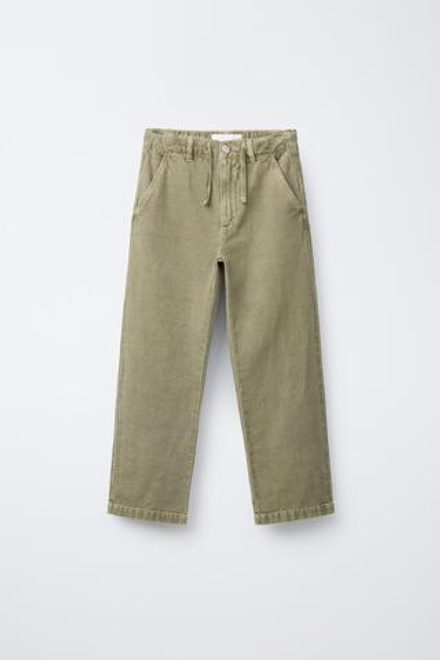 ZARA ПРЯМЫЕ БРЮКИ ИЗ ХЛОПКА И ЛЬНА, СВЕТЛО-ЗЕЛЕНЫЙ