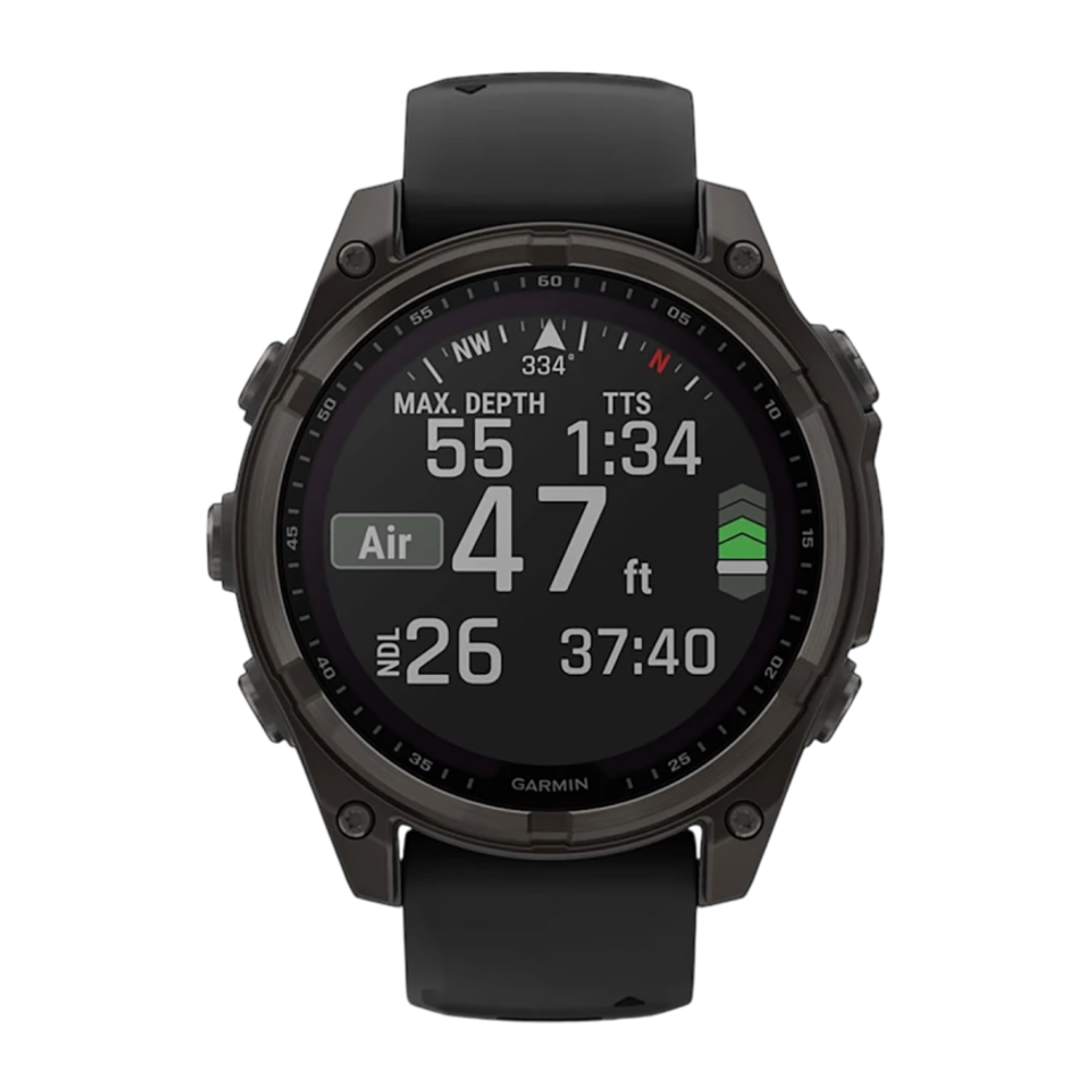 Спортивные часы Garmin fenix 8, 47 мм, Solar, титан с DLC, сапфир, силиконовый ремешок цвета чёрный/«серая галька» Тёмно-серый безель из титана с DLC-покрытием, дисплей Solar. Ремешок с классической застёжкой — на запястье обхватом 125–208 мм