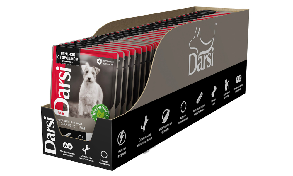 Влажный корм паучи для активных собак Darsiвсех пород, ягненок с горошком, кусочки в соусе 85 г*32шт