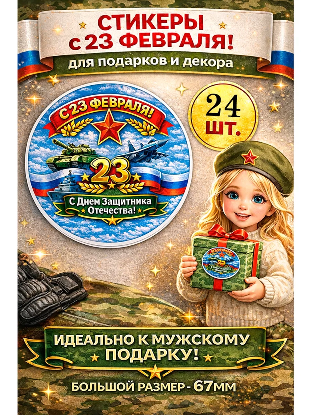 Стикер-наклейка для подарка с 23 февраля (67мм)