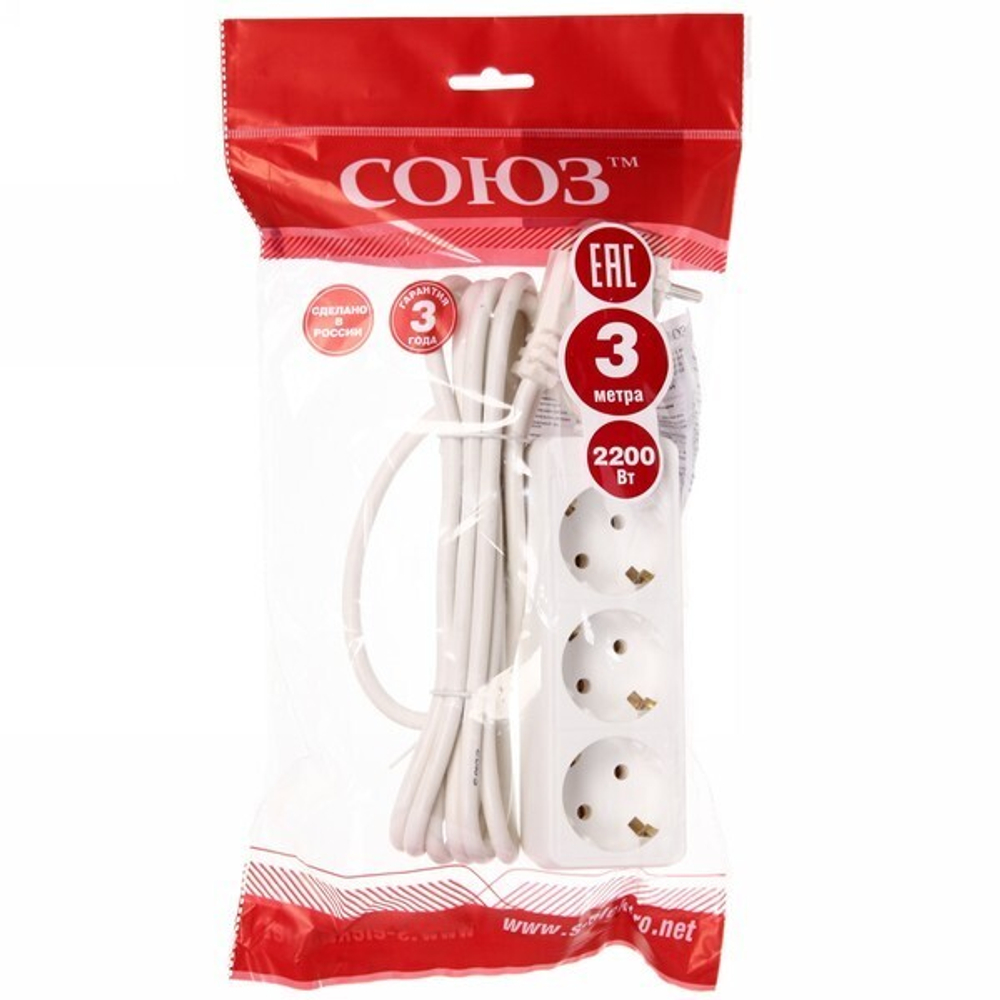 Удлинитель 3гнезда 5м с заземлением выключатель ПВС 2200Вт 3x0.75мм² Союз (40)