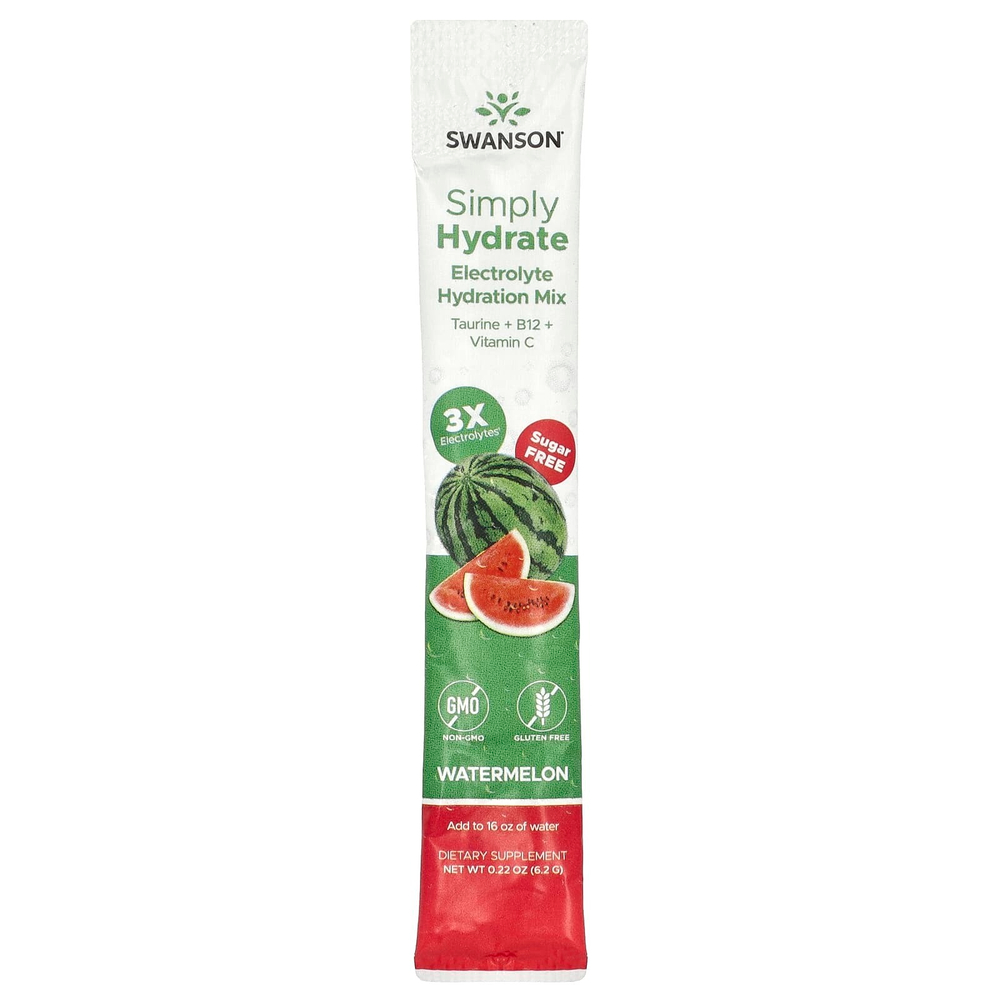 Swanson, Simply Hydrate, смесь электролитов для гидратации, арбуз, 8 стик-пакетов по 6,2 г (0,22 унции)