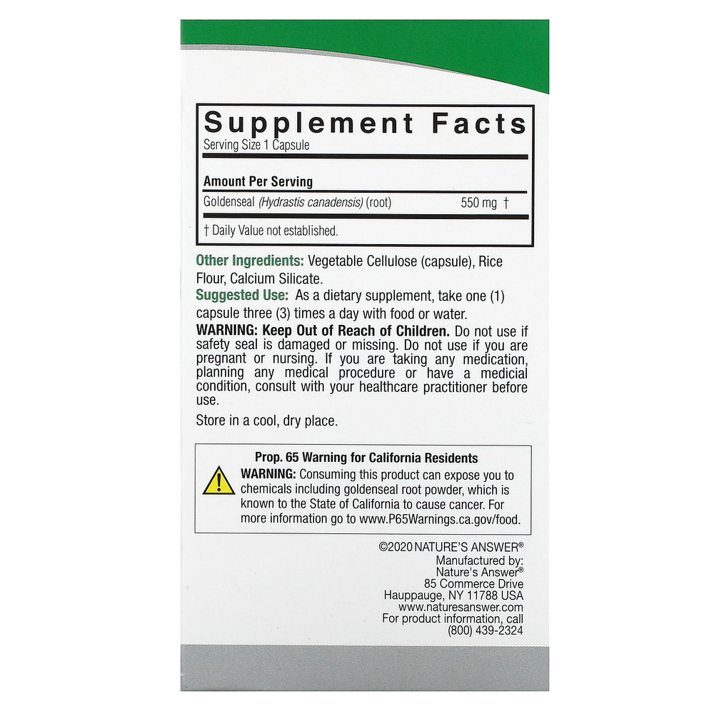Nature's Answer, корень желтокорня, 550 мг, 50 вегетарианских капсул