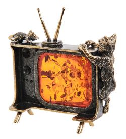 Народные промыслы AM-3056 Фигурка «Кот и мышь на телевизоре» (латунь, янтарь)