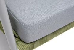 "Диего" диван 2-местный плетеный из роупа, каркас алюминий светло-серый (RAL7035) муар, роуп салатовый меланж круглый, ткань светло-серая