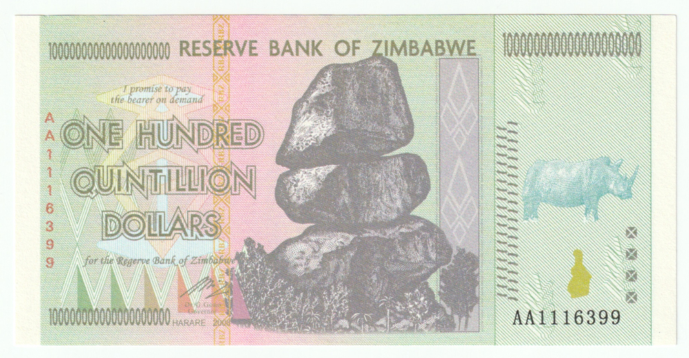 Zimbabwe, 100 000 000 000 000 000 000 Dollars, 2008, UNC