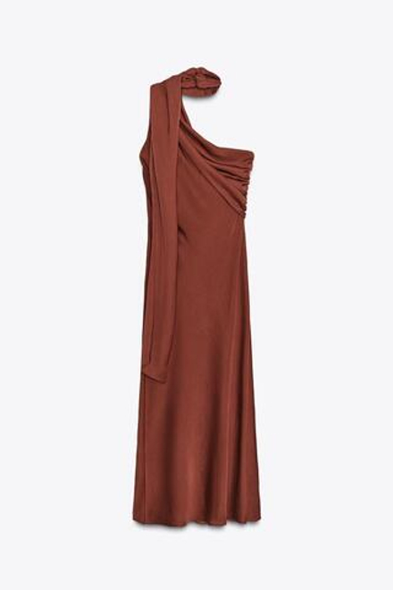 ZARA ПЛАТЬЕ МИДИ АСИММЕТРИЧНОГО КРОЯ С ШАРФОМ, КОРИЧНЕВЫЙ