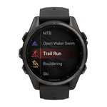 Спортивные часы Garmin fenix 8, 43 мм, AMOLED, титан с DLC, сапфир, силиконовый ремешок цвета чёрный/«серая галька» Тёмно-серый безель из титана с DLC-покрытием, AMOLED-дисплей. Ремешок с классической застёжкой — на запястье обхватом 108–182 мм