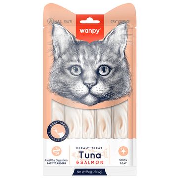 WanPy Cat Лакомство для кошек, Нежное Пюре из Тунца и Лосося, 14 г (уп. 25шт)