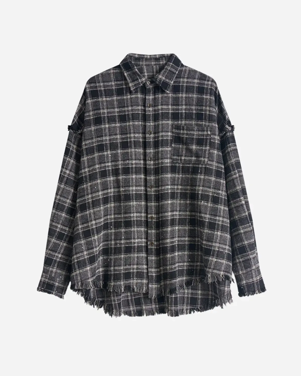 Рубашка в клетку с необработанным краем серо-черная