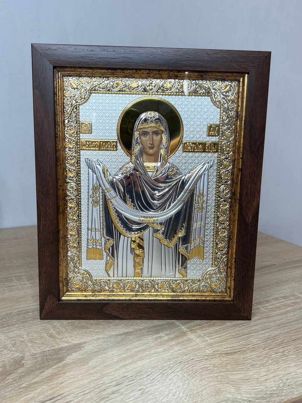 Покрова БМ, икона прямоугольная в рамке под стеклом, красное дерево 170х210