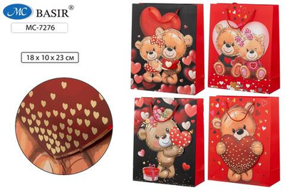Подарочный пакет 18*10*23 см. "Мишки love" плотный, аппликация, теснение золотом, ассорти (Basir)