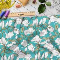 Ткань дюспо белые бутоны на бирюзовом фоне