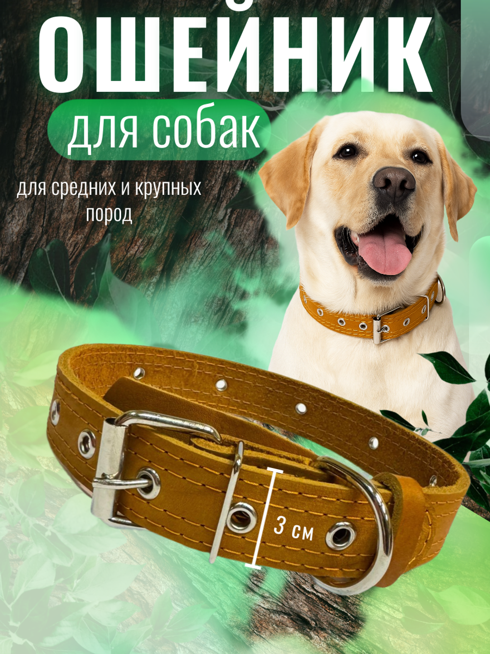 Ошейник для собак средних и крупных пород, кожаный оранжевый