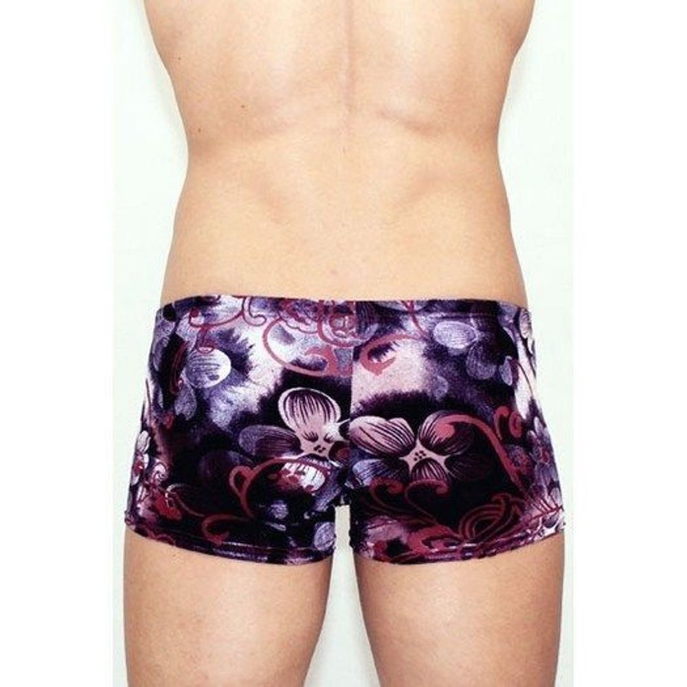 Мужские трусы боксеры черные в  фиолетовый узор под велюр Romeo Rossi Black Flower Boxer RR00219