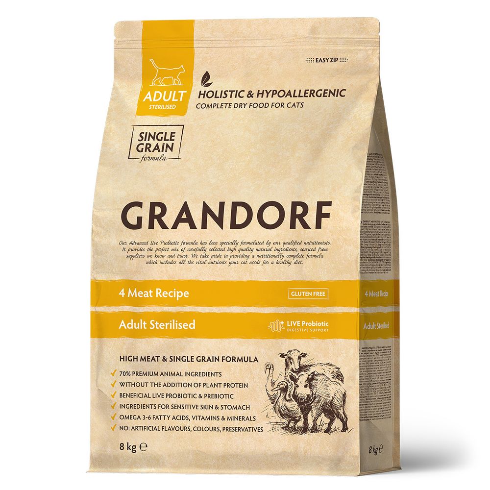 Сухой корм GRANDORF CAT 4 Meat PROBIOTIC STERILISED 4 вида мяса с пробиотиками для стерилизованных кошек 8 кг