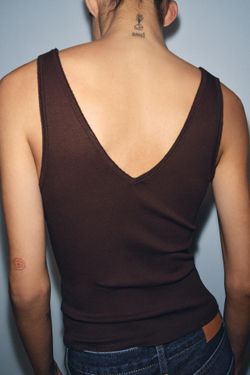 ZARA ТОП В РУБЧИК С V-ОБРАЗНЫМ ВЫРЕЗОМ, КОРИЧНЕВЫЙ