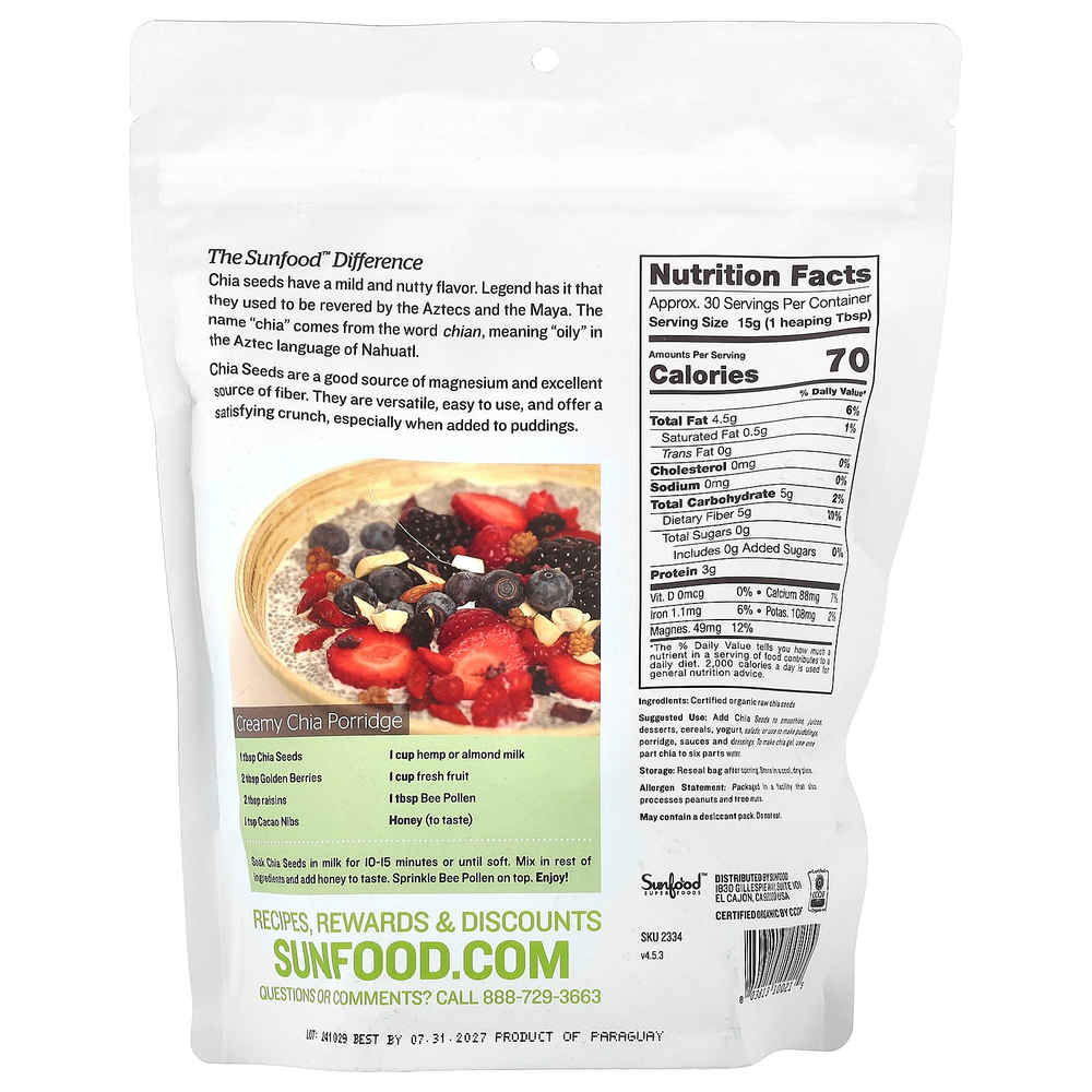Sunfood, необработанные органические семена чиа, 454 г (1 фунт)