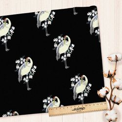 Ткань шифон японский журавль на черном