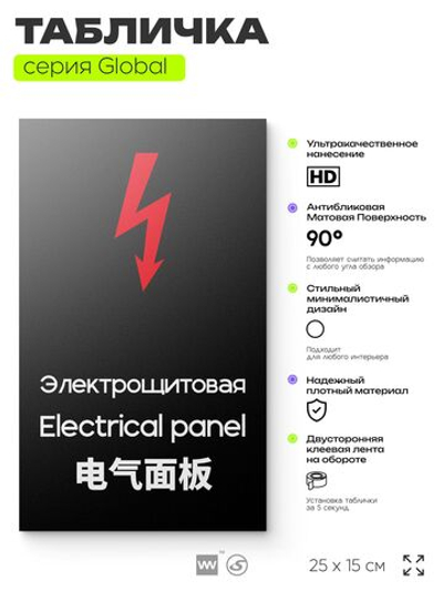 Табличка Электрощитовая, на дверь и стену, информационная и мультиязычная (русский, английский, китайский), серия GLOBAL, 25х15 см, Айдентика Технолоджи