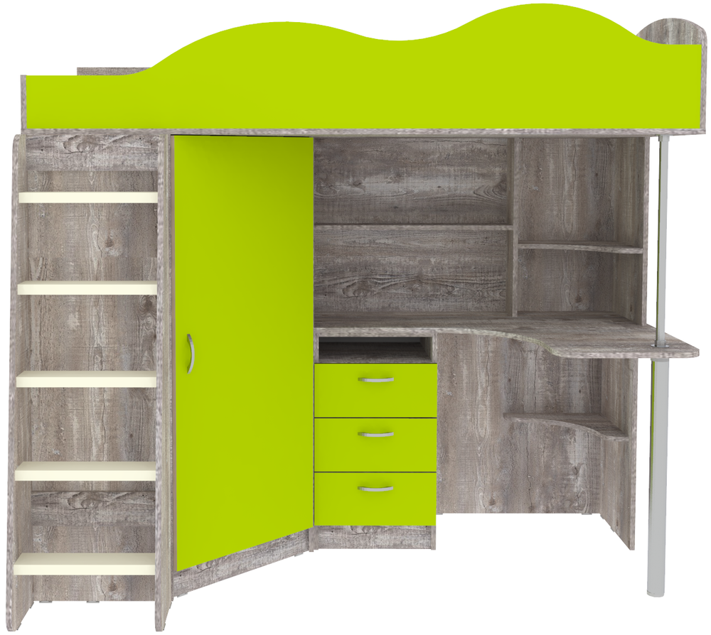 Кровать-чердак КарИВи Пионер с деревянной лестницей Бетон Лайм