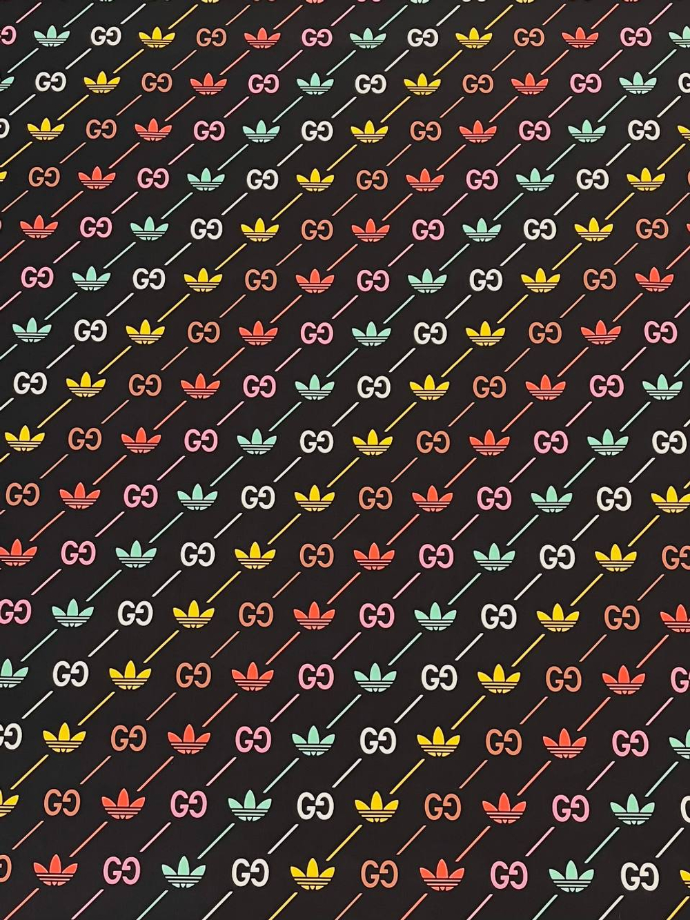 Курточно-плащевая ткань п/э Gucci x Adidas водоотталкивающая черная с разноцветным дизайнерским лого