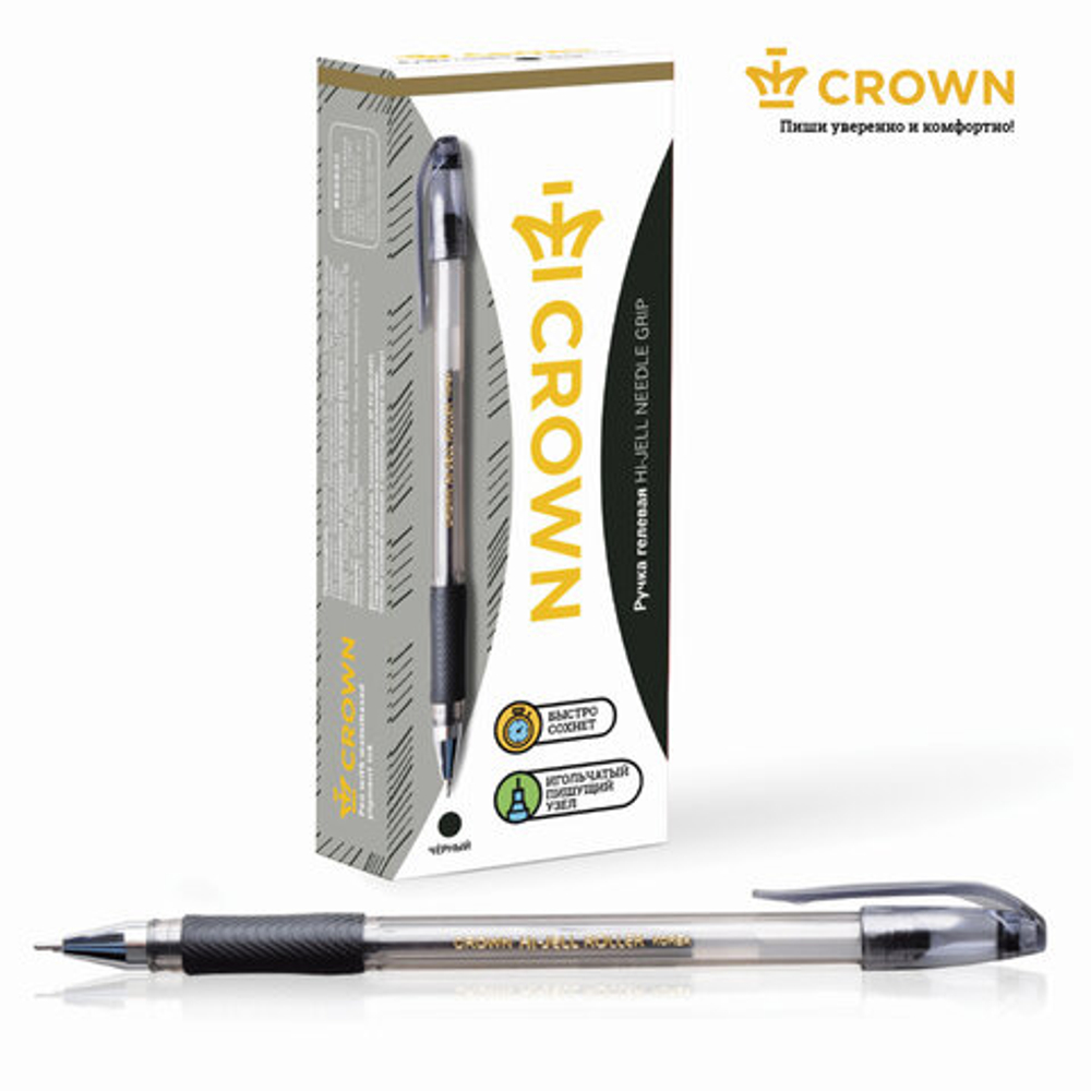 Ручка гелевая с грипом CROWN "Hi-Jell Needle Grip", ЧЕРНАЯ, 0,7мм, линия 0,5мм, HJR-500RNB,ш/к 15176