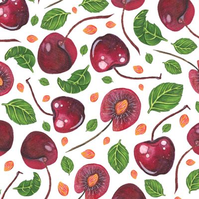 Спелые ягоды черешни. Садовая вишня с листьями