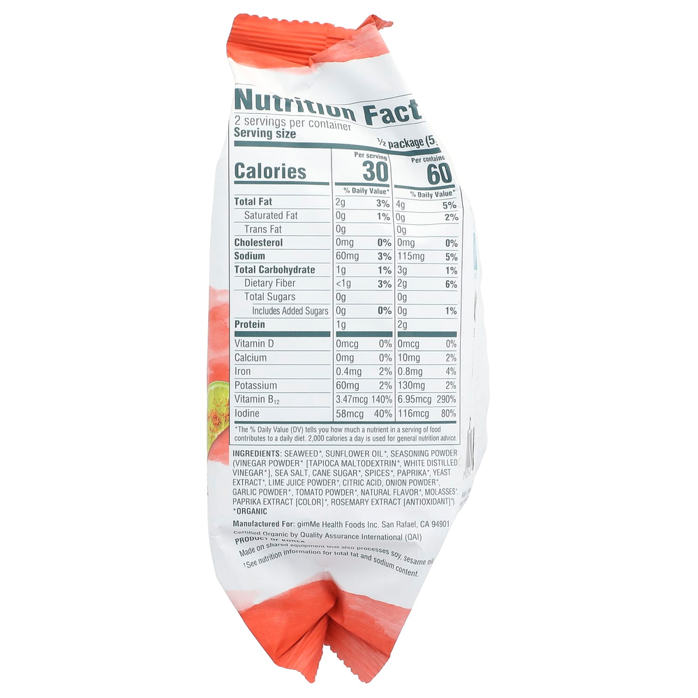 gimMe, Снеки из жареных морских водорослей, чили и лайм, 10 г (0,35 унции)